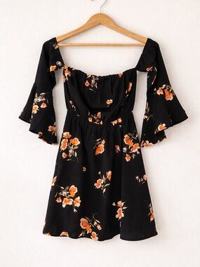 Lulus Black Floral Off Shoulder Dress Small Bell Sleeve Boho Mini Cottagecore